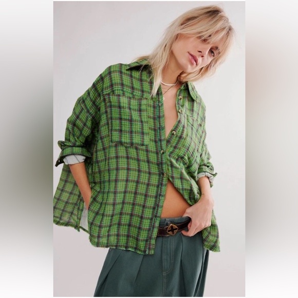 Free People Tops - Free People We The‎ Free Cardiff Oversized Gauze Shirt Green Plaid Women’s XS